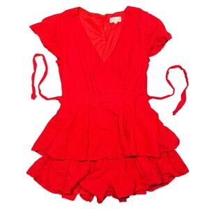 Alter’d State Romper S Red Wrap Ruffle Tie Waist Short Sleeve